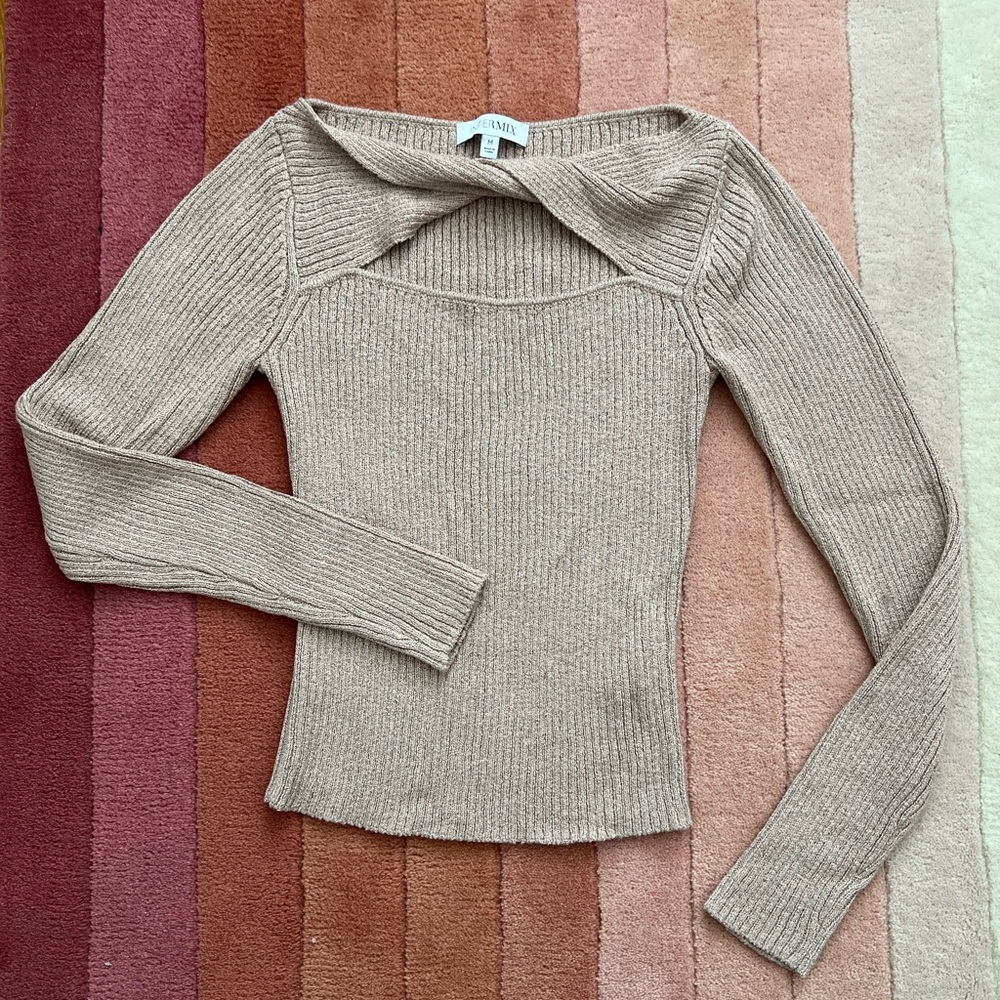 INTERMIX Beige Off-the-Shoulder Ribbed Sweater